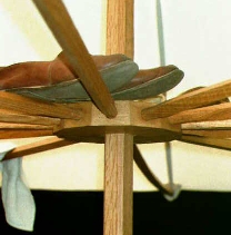 Photograph of spokes, hub, and a pair of shoes
sitting on top of them above head height